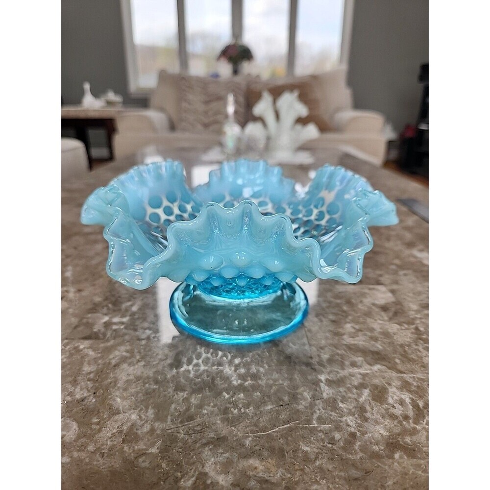 Fenton Blue Opalescent Hobnail With Ruffle Bowl, 8" W